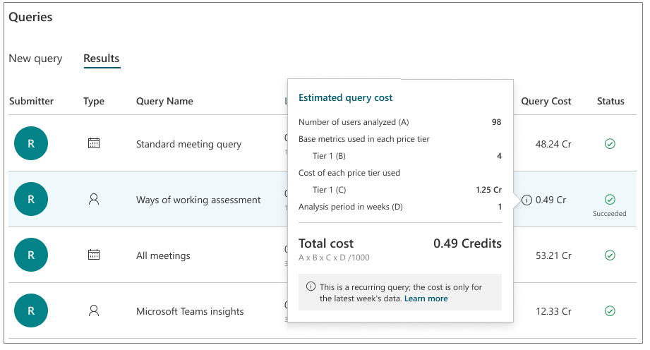 Query results page