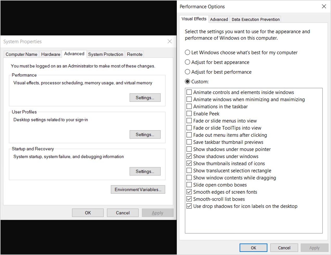 Optimized System Properties, Performance Options