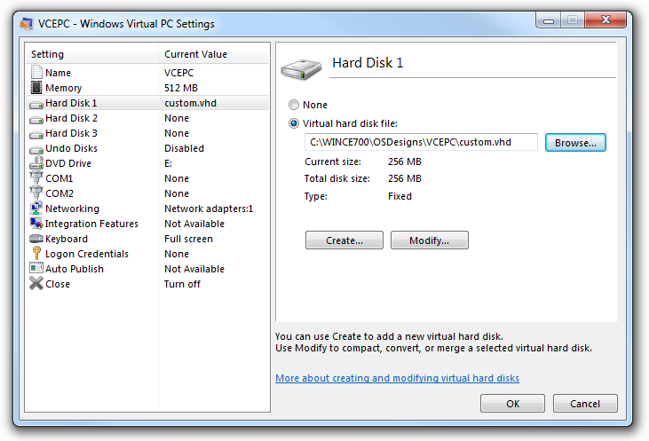 Selecting the Custom Virtual Hard Disk