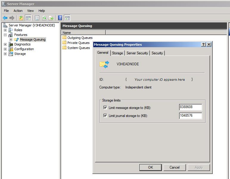 In Server Manager Features, edit Message Queuing