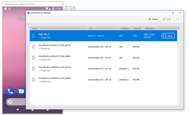 Screenshot of the Android Device Manager in the Devices tab