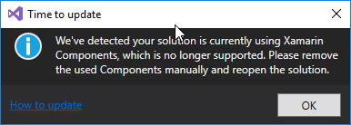 Alert dialog explaining that a component has been found in your project and must be removed