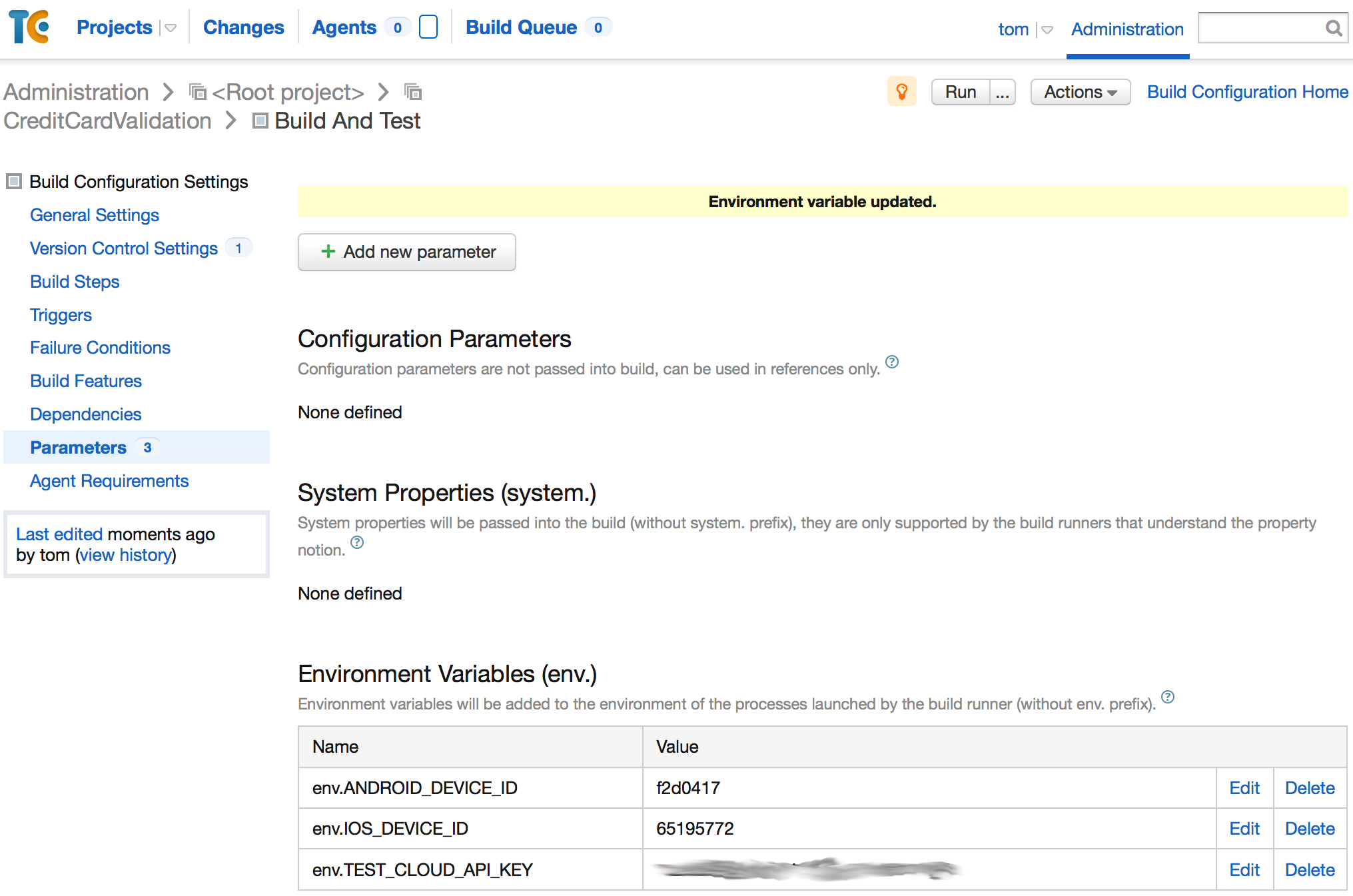 Add the variables for the App Center Test API Key, the iOS device ID, and the Android Device ID