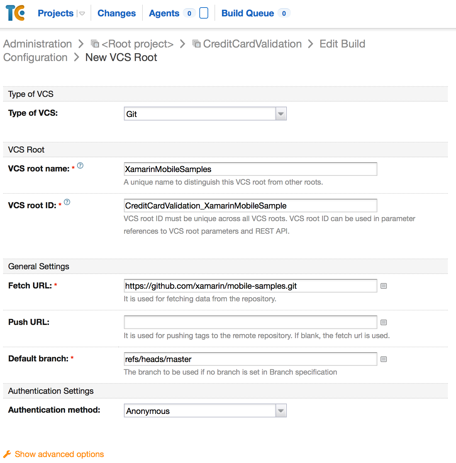 If there's no VCS project created, you can create one from the New VCS Root page