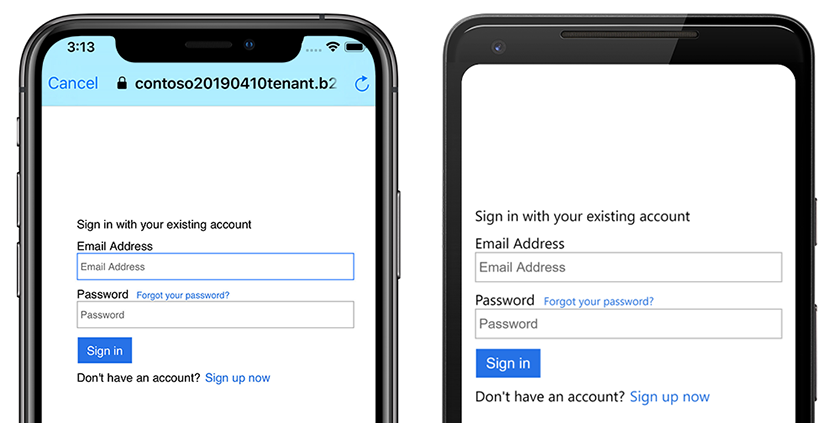 "Azure ADB2C sign in screen on Android and iOS"