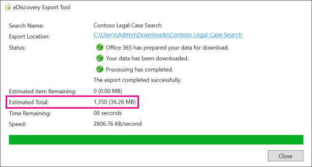 Estimated results in eDiscovery Export tool.