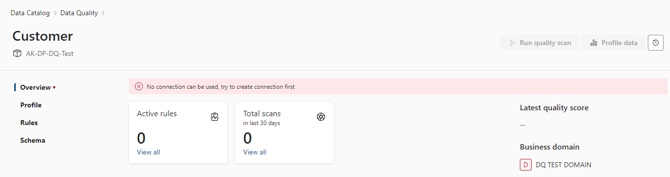 Screenshot of the 'No connection can be used' error in the data quality overview page.