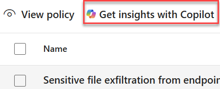 Screenshot of the Get insights control on the DLP policies page.
