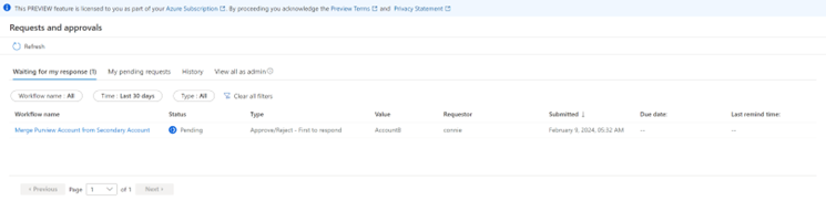 Screenshot of the requests and approvals page, showing a merge account request.