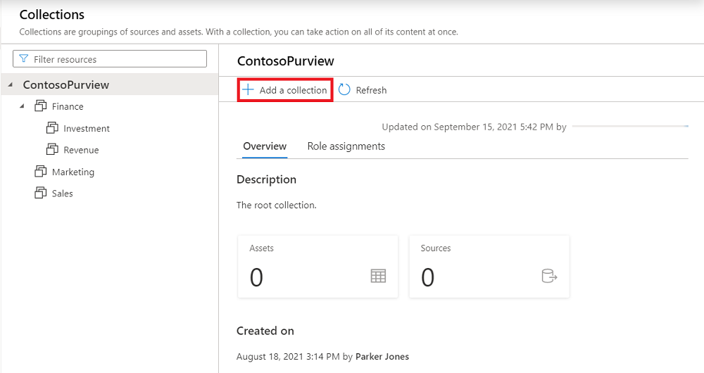 Screenshot of the Microsoft Purview governance portal window, opened to the Data Map, with the Collections tab selected and Add a Collection highlighted.