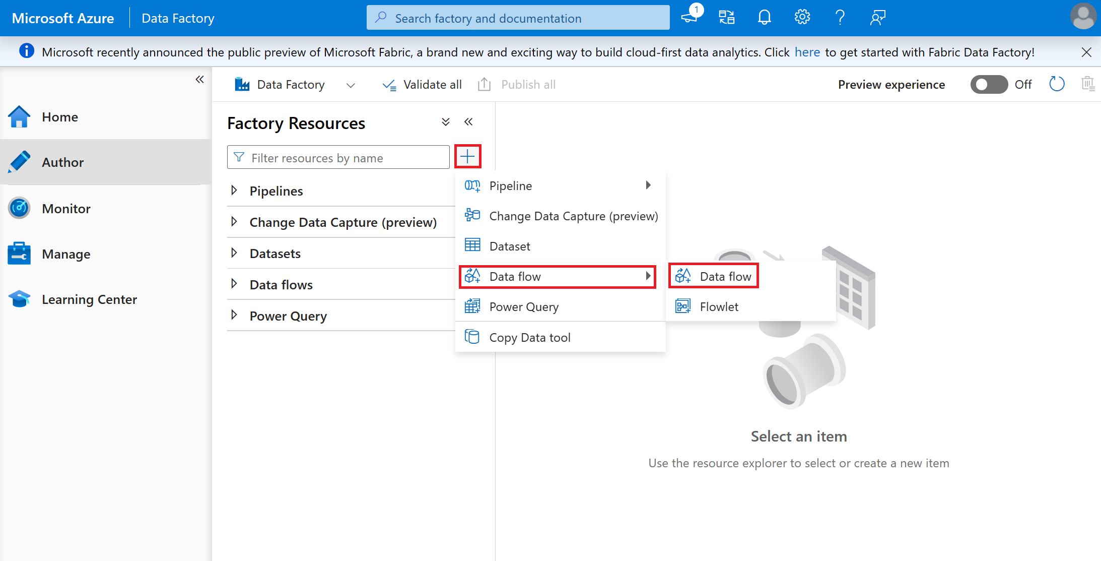 Screenshot of the button to create a data flow.