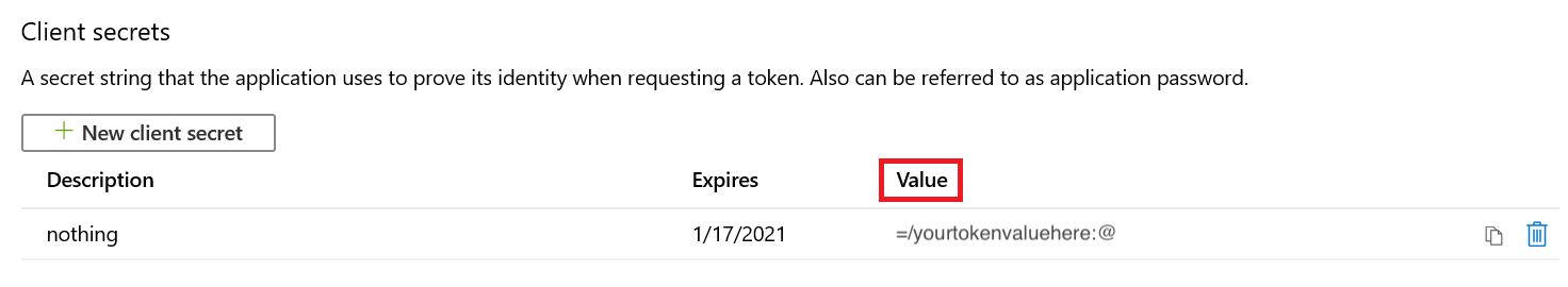 Screenshot showing a client secret.