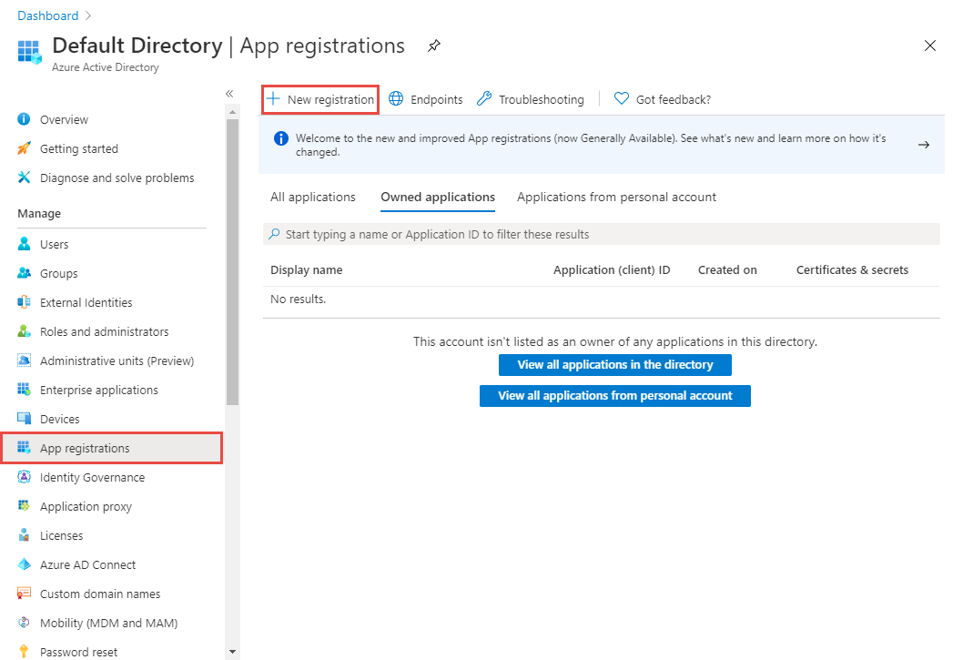 Screenshot showing the App Registrations page with New registration link selected.