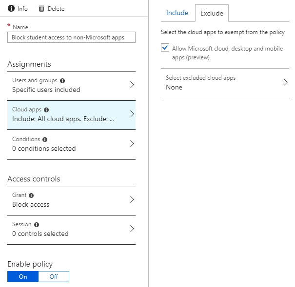Second screenshot showing assignments for Cloud Apps to exclude “Microsoft applications”.