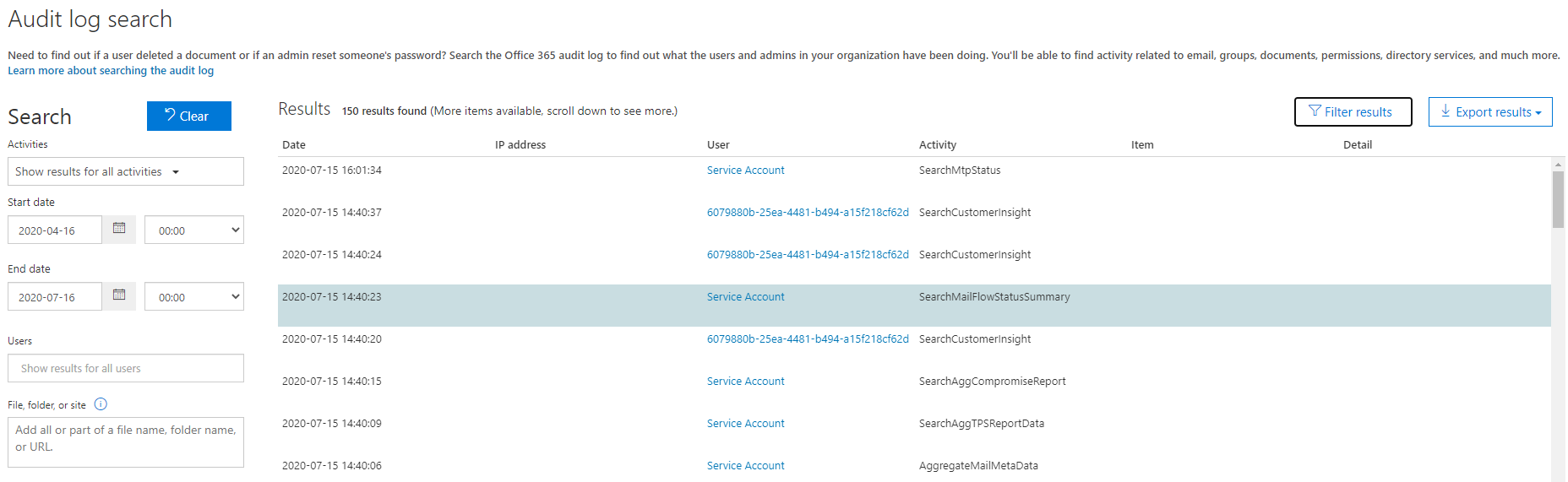 Screenshot example of an audit log search.