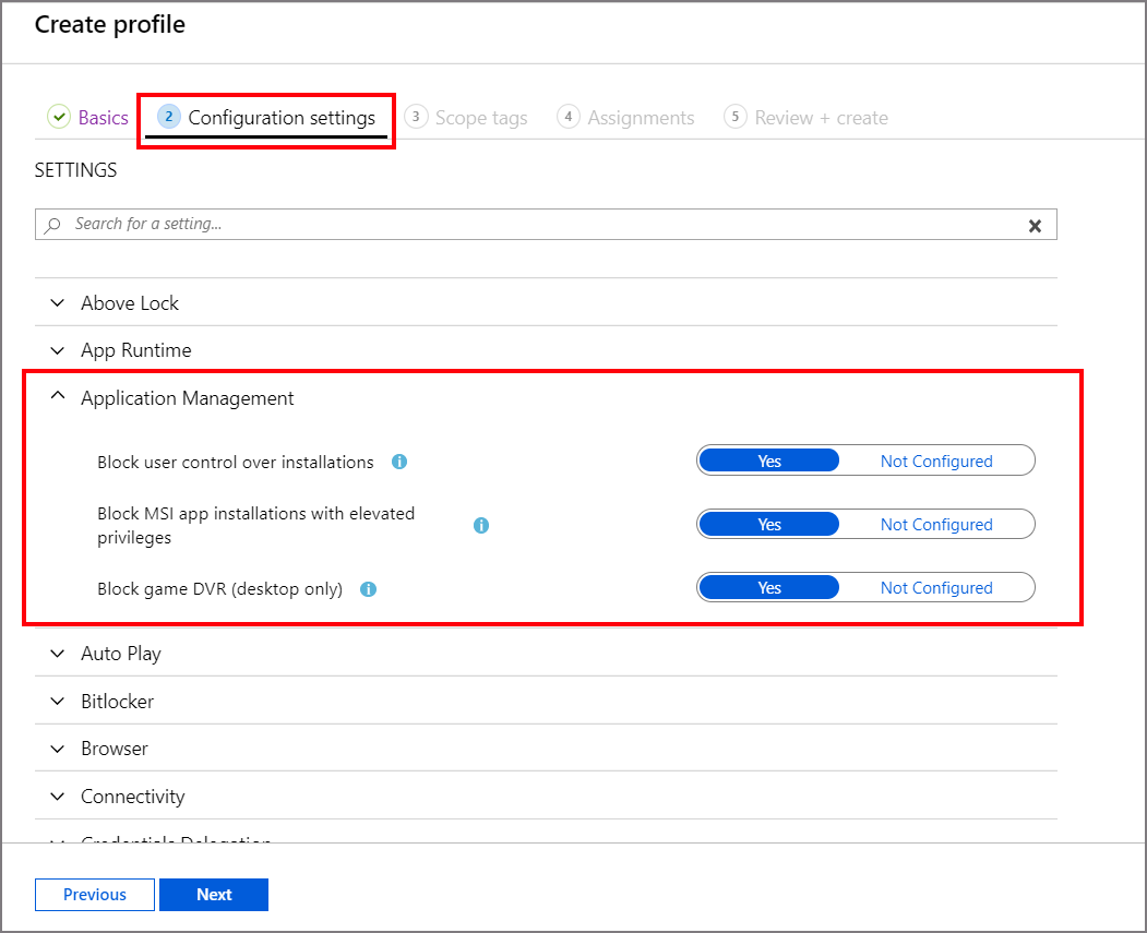 Screenshot of Application Management settings in Create Profile.