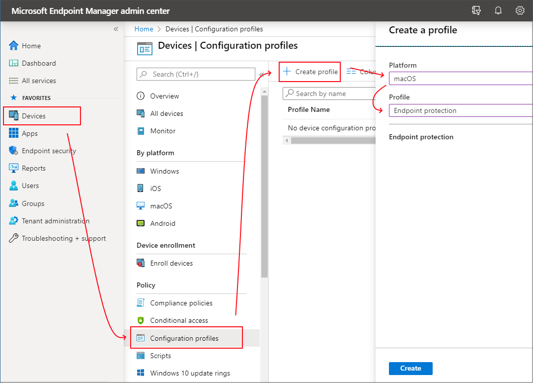 Screenshot of Create a profile in Devices Configuration profiles for mac OS.