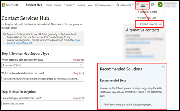 Screenshot that shows the Services Hub "Contact Services Hub" form.