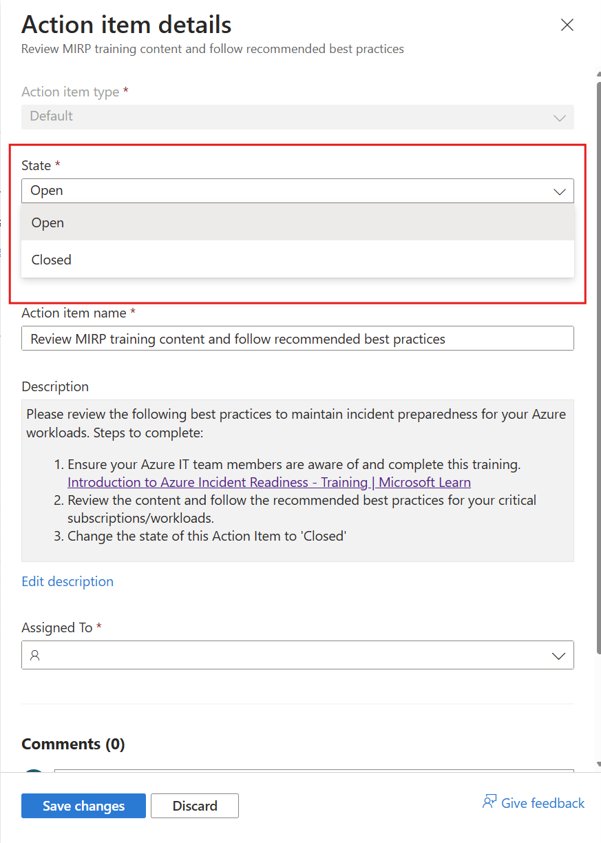 Action Item Details page, showing State and Open fields.