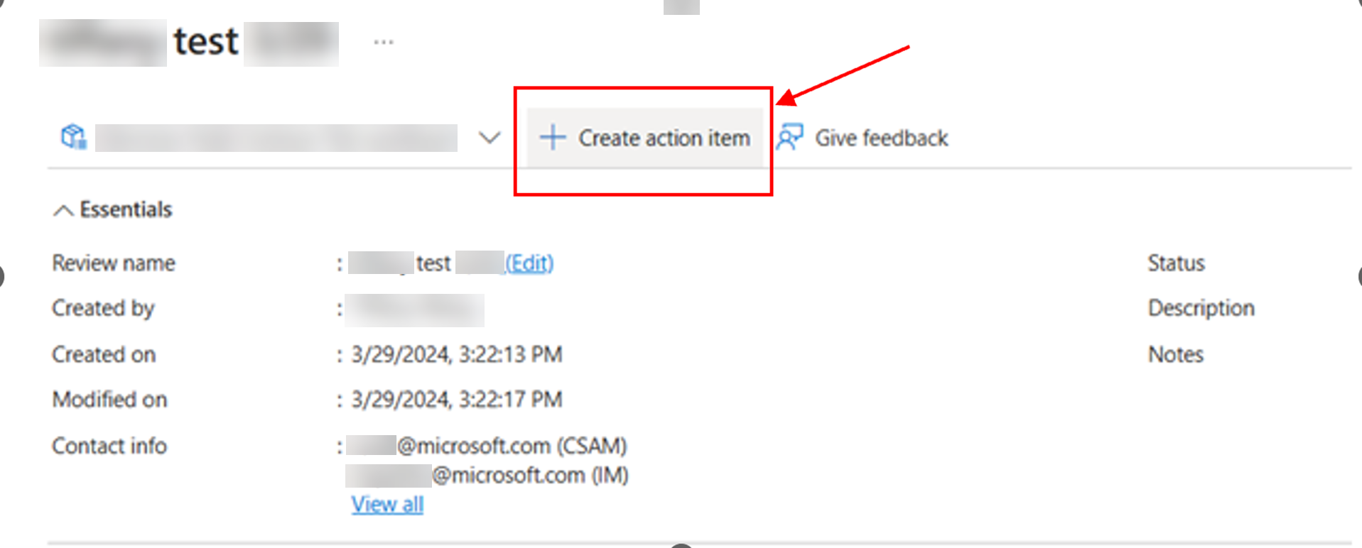 Microsoft Services Hub Contoso Workload with Create Action Item highlighted.