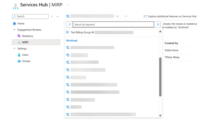 Dropdown list and search option for customer workloads.