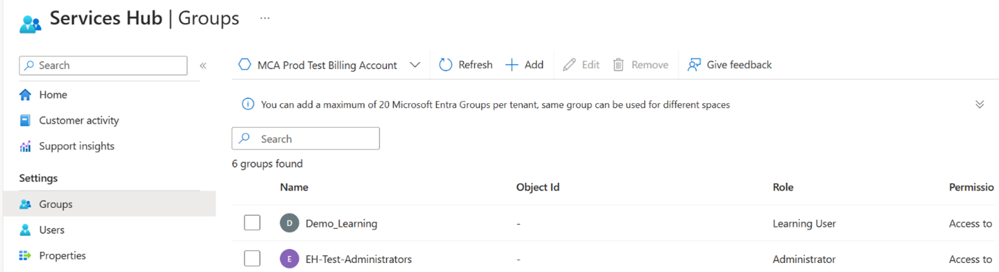 Microsoft Engage Center Groups tab view.