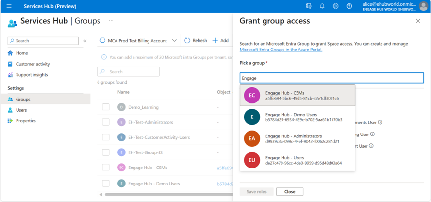 Groups tab view with the Grant group access pane open.