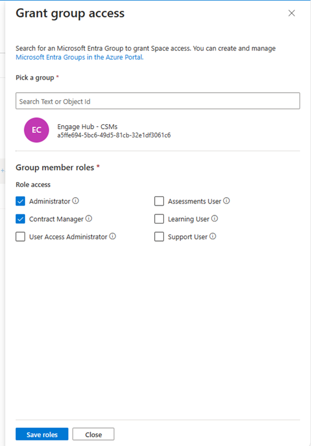 The Grant group access pane with roles selected.