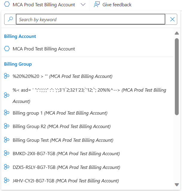 The workspace Switcher's list of Billing Accounts and Billing Profiles.