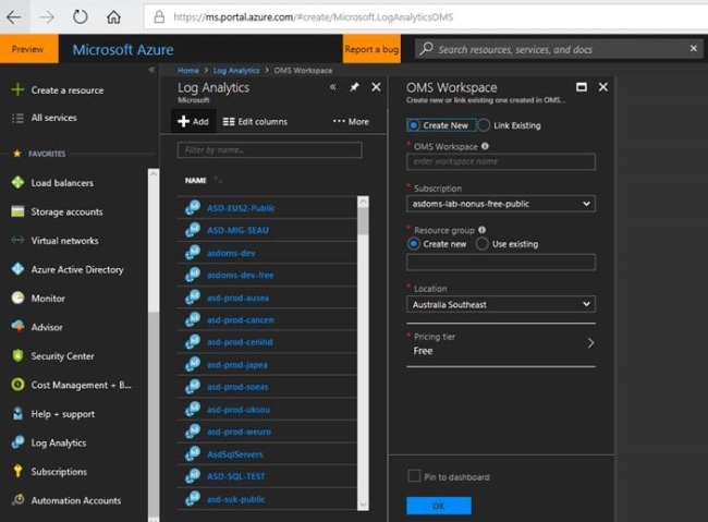 Microsoft Azure window showing that a new Azure Log Analytics Workspace has been created.