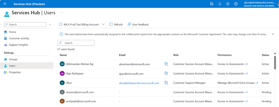 The Users page on Microsoft Engage Center.