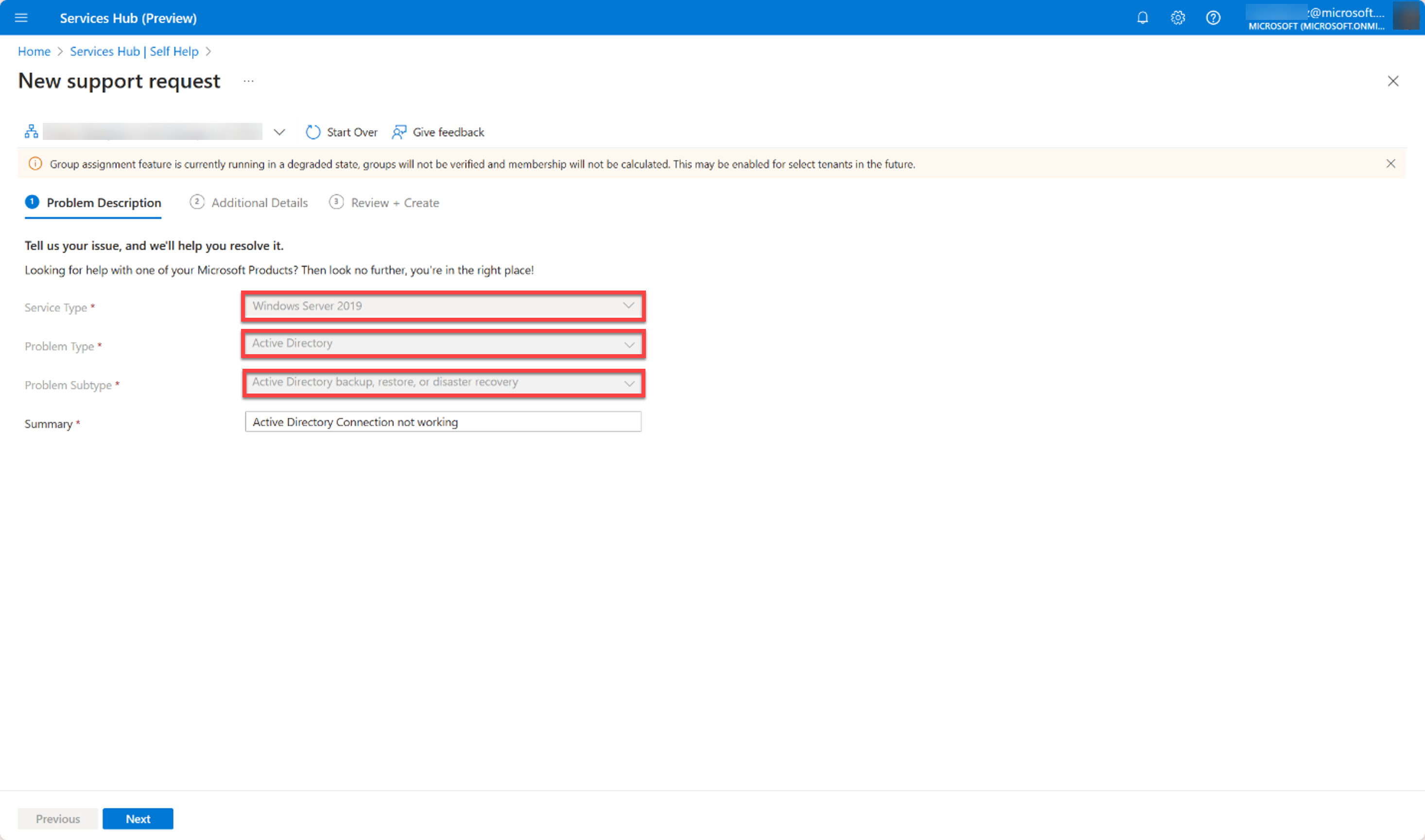 Service type and problem type selection.