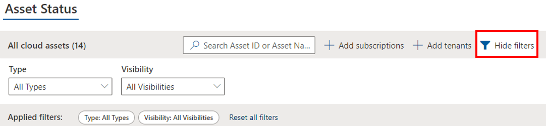 The location of the filter button in the Cloud Support Request Visibility dashboard.