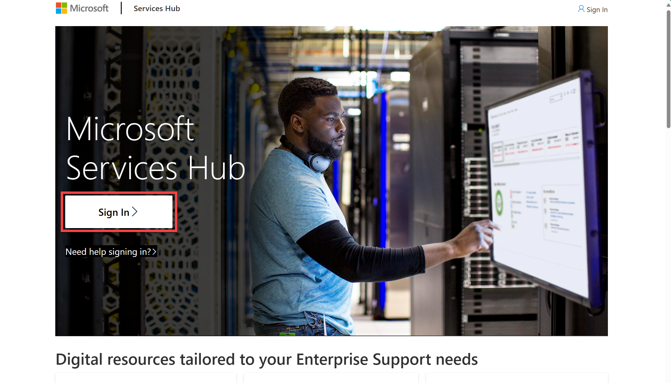 The Services Hub site home page with the sign in button marked.