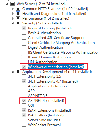 A screenshot of the Web Server features that are required for SharePoint Workflow Manager.