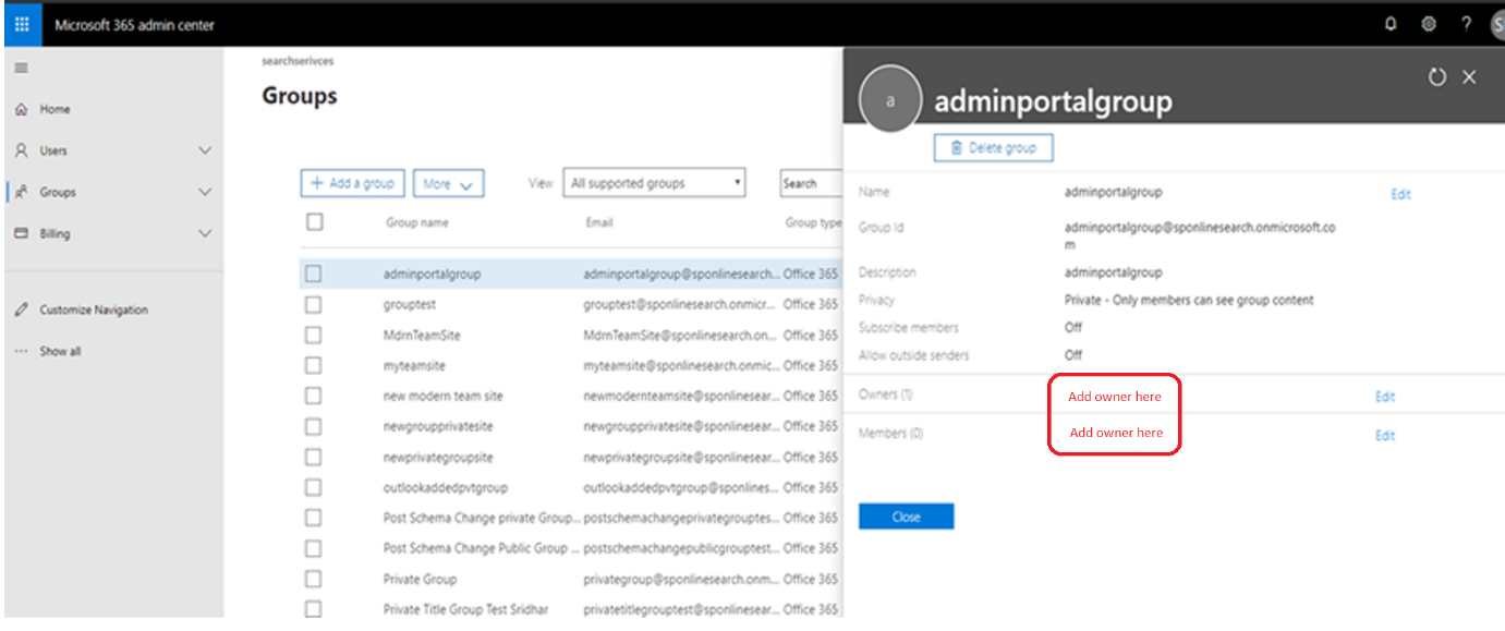 Screenshot of the Owners and Members fields where you can add the owner in the configuration dialogue of the group.