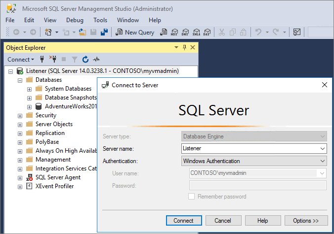 Screenshot of Connect to listener in SSMS.