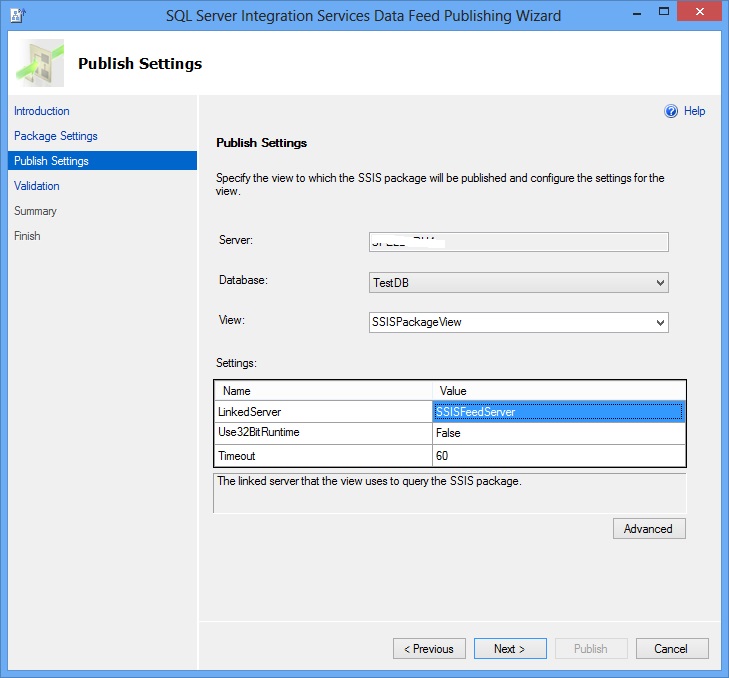 Data Feed Publishing Wizard - Publish Settings Pag