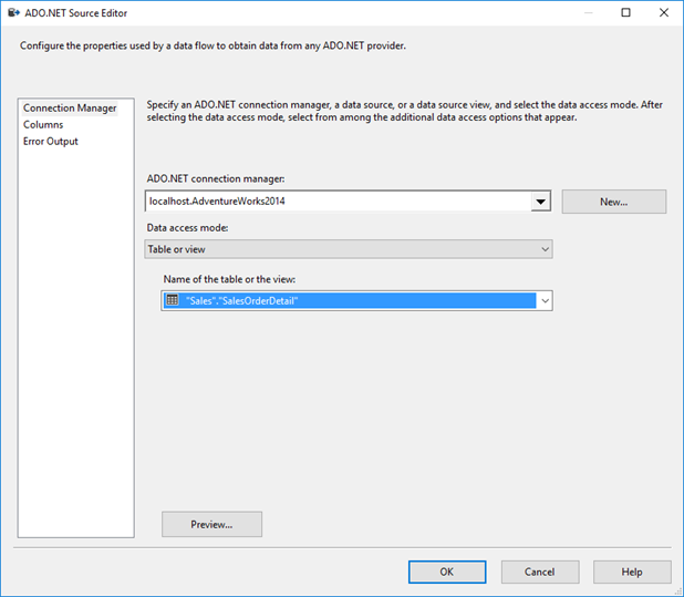 Screenshot of the ADO.NET Source Editor. In the Name of the table or the view list, the Sales.SalesOrderDetail table is selected.