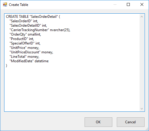 Screenshot of the Create Table dialog box, with code to create a table named SalesOrderDetail with LineTotal as a money column and no rowguid column.