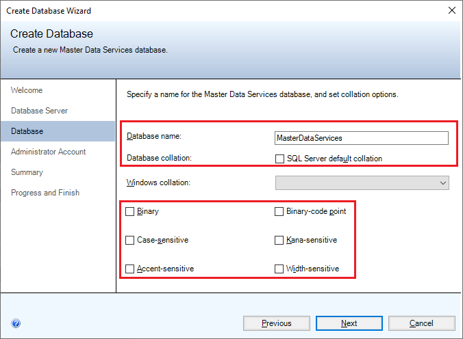 Screenshot of the Database page of the Create Database Wizard.