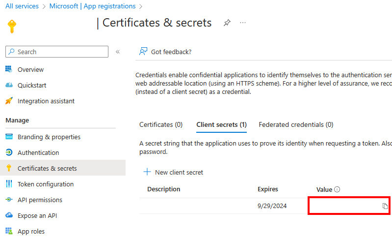 Screenshot of the secret value in the Azure portal.