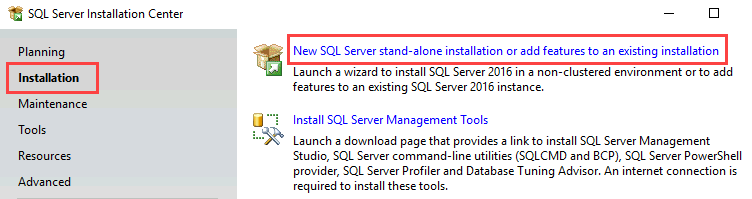 Screenshot of the SQL Server Installation Center in the installation wizard. The Installation item and the option for adding features are highlighted.