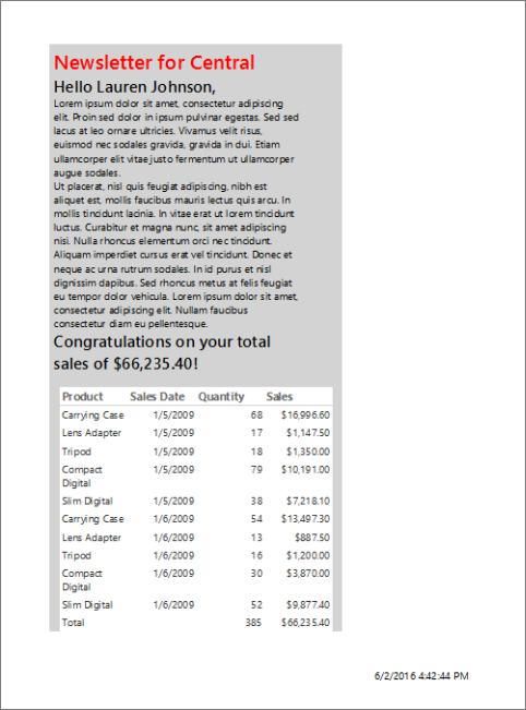 Screenshot that shows the preview of the table in the Report Builder free form report.