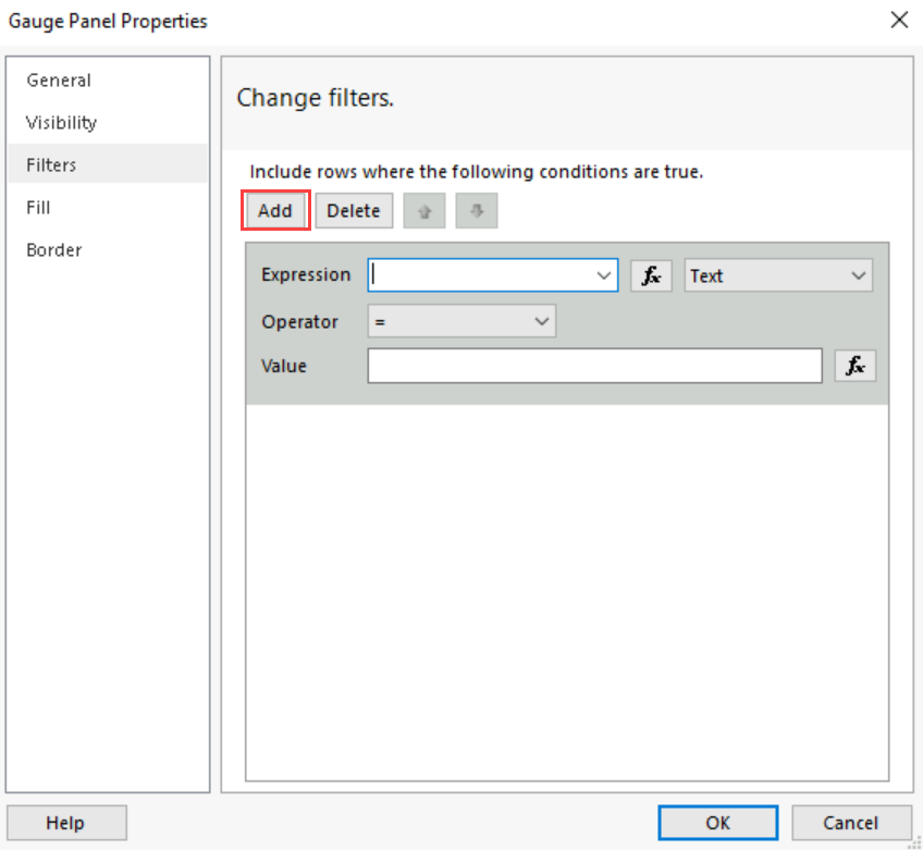 Screenshot of the Filters tab in the Gauge Panel Properties dialog box that highlights the add button.