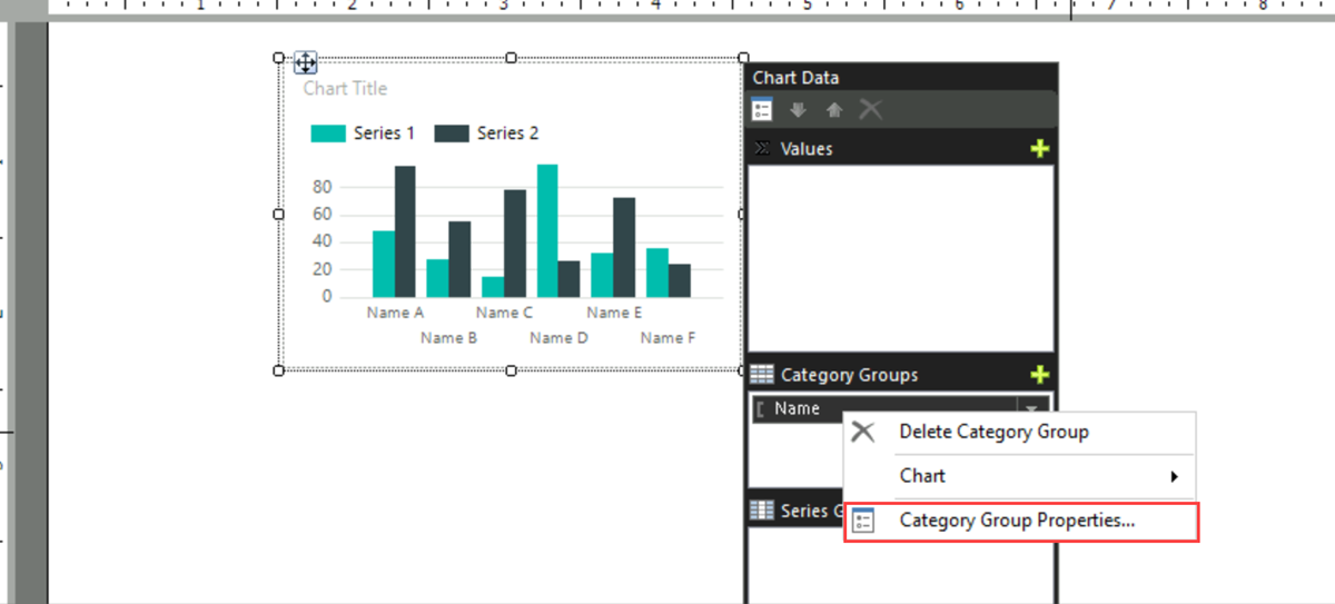 Screenshot of the context menu for the Category Group drop zone that highlights the Category Group Properties option.