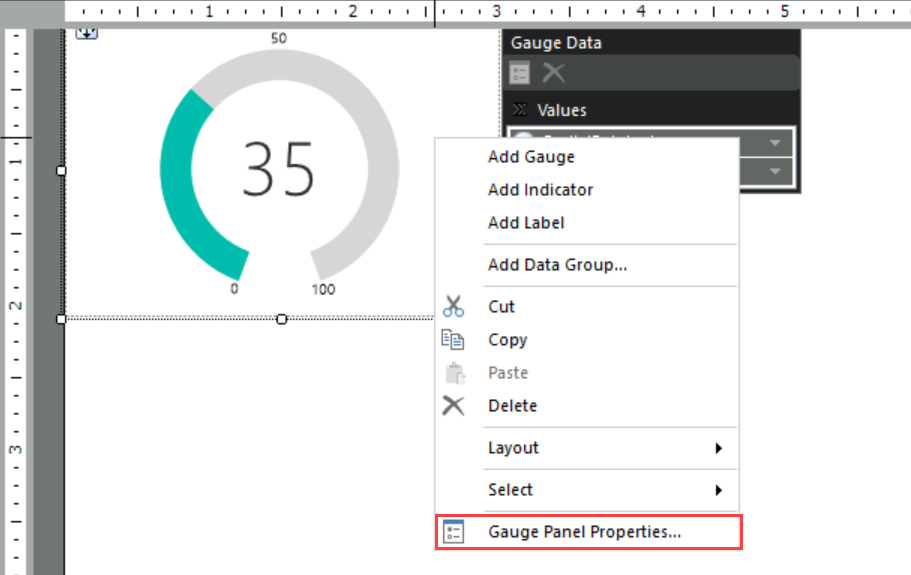 Screenshot of the context menu for a Gauge highlighting the Gauge Panel Properties option.