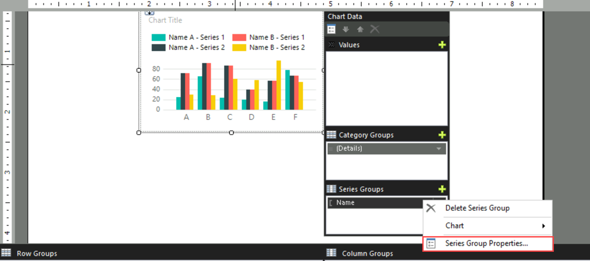 Screenshot of the context menu for the Series Group drop zone that highlights the Series Group Properties option.