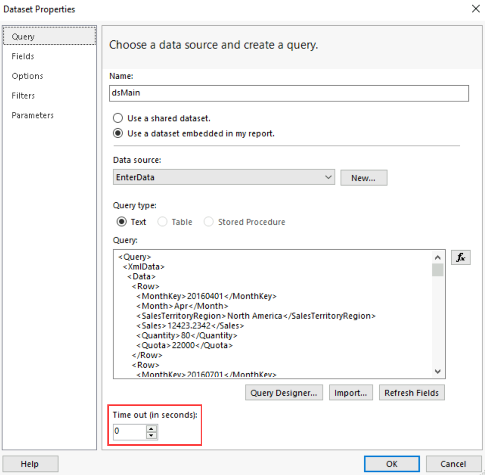 Screenshot of the Dataset Properties dialog box highlighting the Time out field.