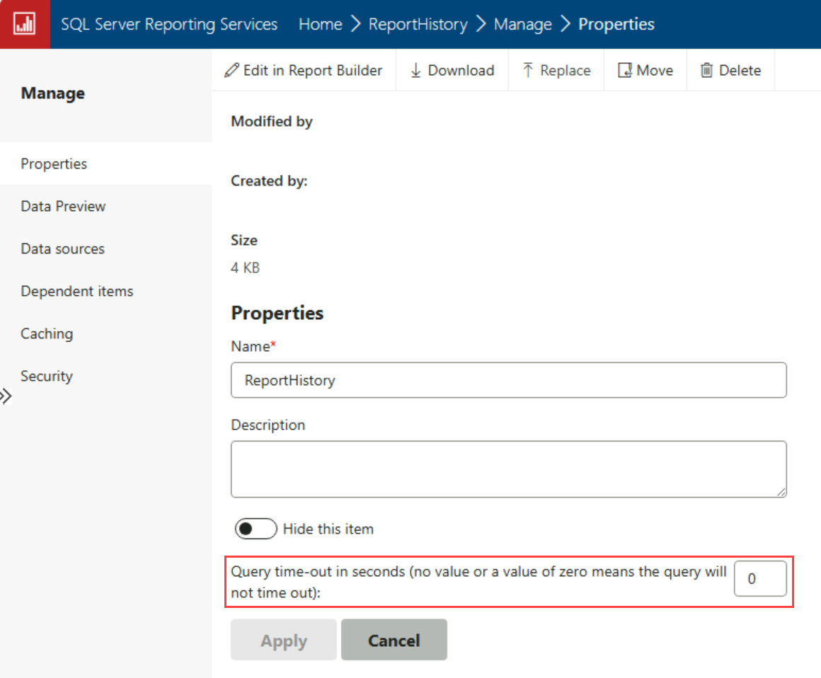 Screenshot of the dataset Properties page highlighting the Query time-out in seconds field.